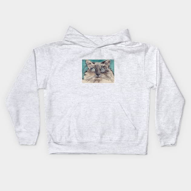 Longhair gray kitty with blue eyes Kids Hoodie by HelenDBVickers